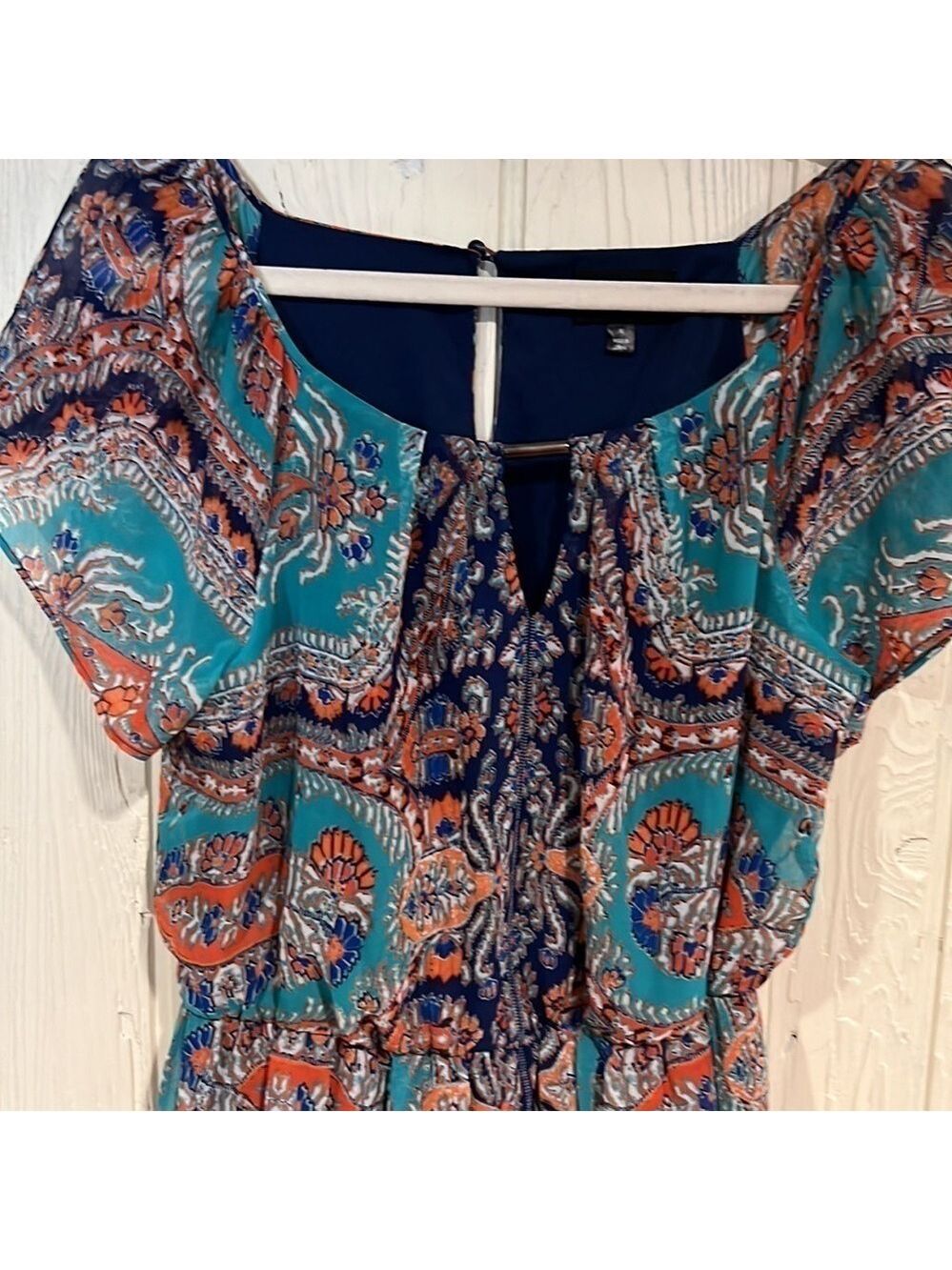 Auw Short Sleeve Key Hole Front Elastic Waist Boho print Dress size medium - Picture 3 of 12